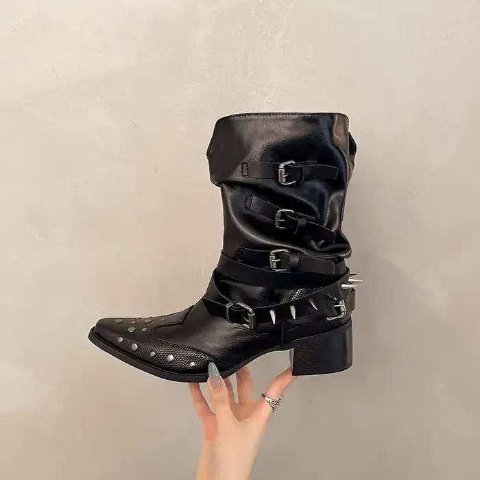 Bottes de créateur en cuir à rivets rétro pour femmes