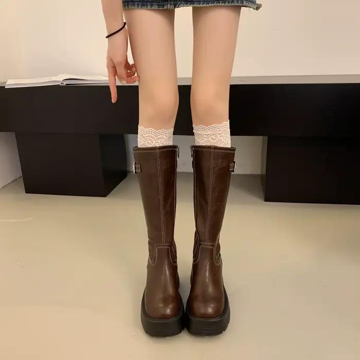 Bottes hautes marron pour femmes, talon de 10 cm, semelle épaisse, bout rond, décontractées, résistantes à l'usure, pour le printemps, l'automne et l'hiver, style cavalier