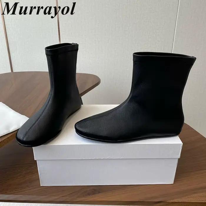 Femmes doux en cuir véritable fond plat bottes courtes bout rond respirant cheville Botas dames automne hiver
