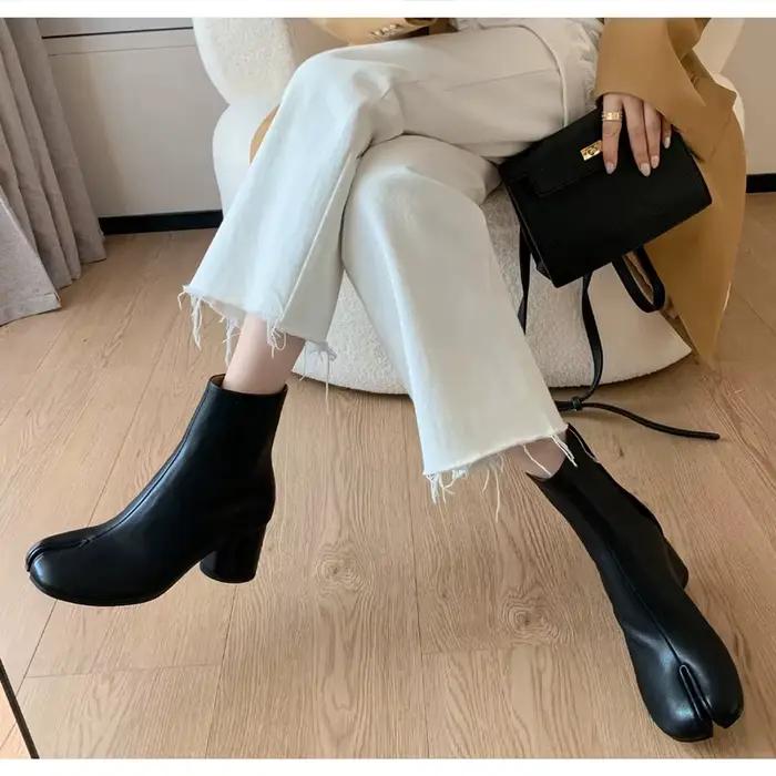 Bottines Tabi de luxe pour femme 2026 en cuir véritable à bout fendu, talon bloc épais, chaussures de soirée mode automne-hiver