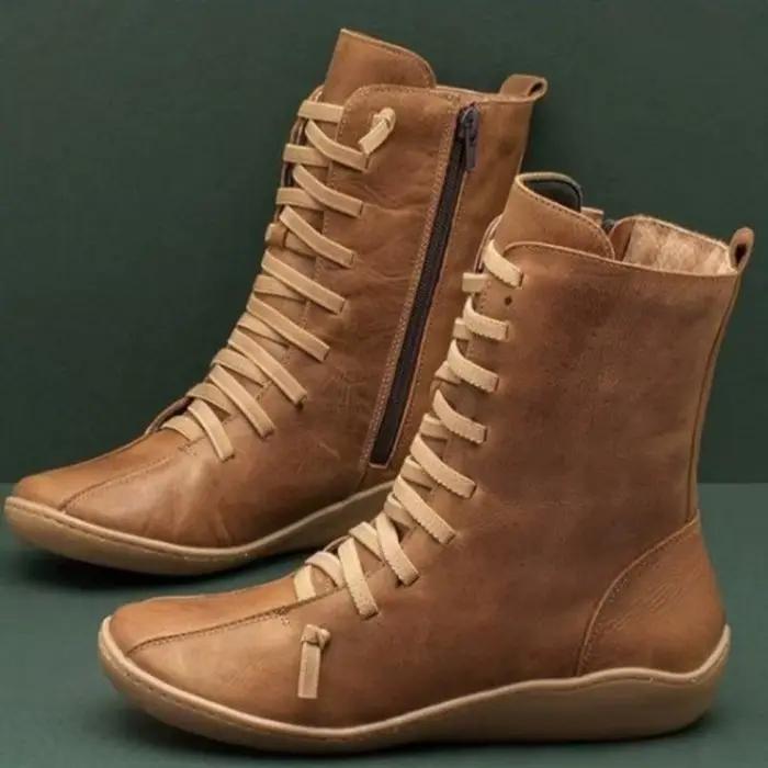 Bottes plates en cuir souple pour femmes, mode rétro, fourrure assortie, bottes de rinçage à lacets, hiver, nouveau