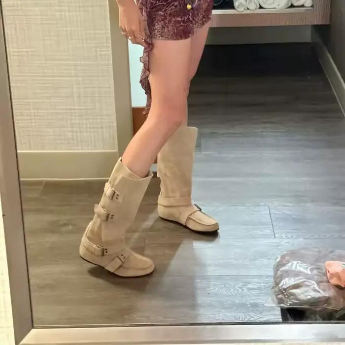 Nouvelles bottes hautes en daim mat pour femmes avec boucle de ceinture, talon dissimulé, style western, bottes de cavalier