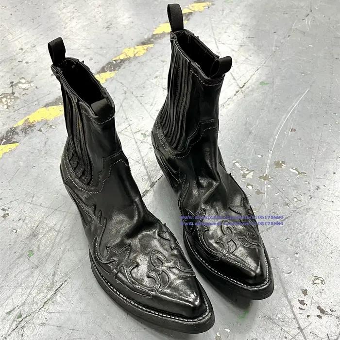 Bottines Chelsea brodées en cuir noir pour hommes, bottines à bout pointu, chaussures de luxe tendance de styliste pour hommes