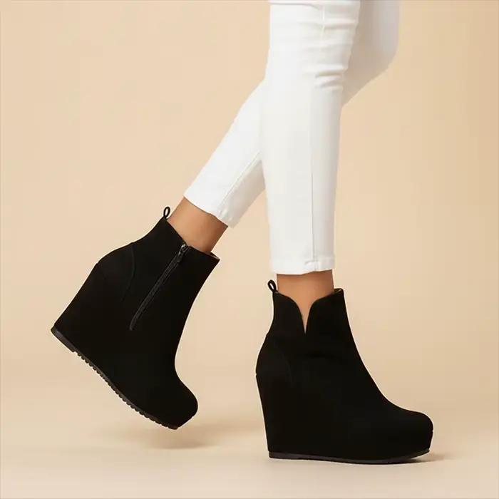 Bottines compensées zippées mode bout rond plate-forme gommage daim grande taille chaussures en coton à talons