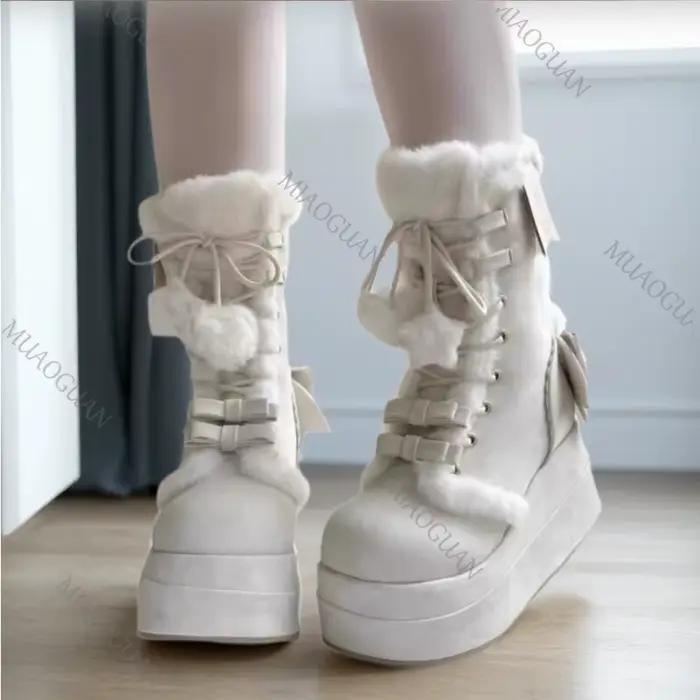 Doux Lolita bottes de neige boule de fourrure arc hiver plate-forme en peluche mignon bottes courtes pour les femmes blanc compensées à lacets coton chaussures femme