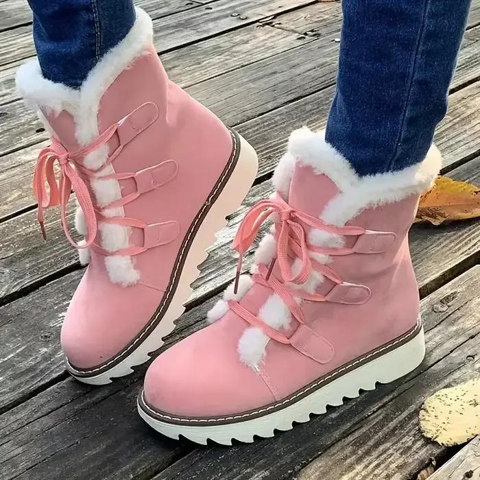 Bottes d'hiver pour femmes en daim de vache avec doublure en peluche courte, chaussures résistantes aux éclaboussures et antidérapantes, pour les jours froids et pluvieux