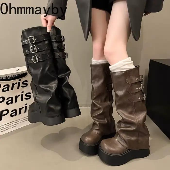 Style Punk femmes bottes longues modernes mode plate-forme hauteur augmenter haute chevalier chaussons chaussures d'hiver Zapatos De Mujer