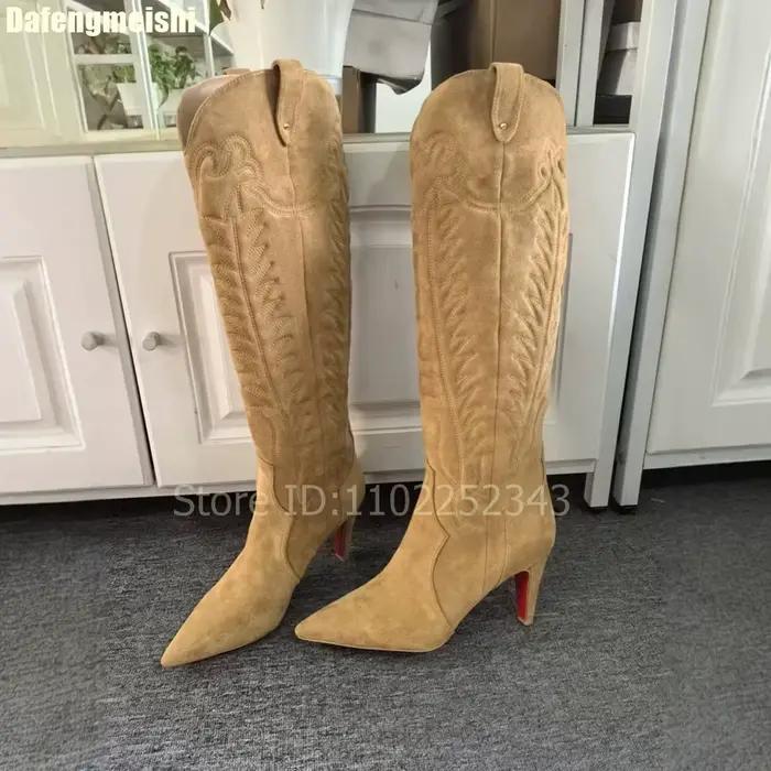 Bottes brodées à talons épais et hauteur des genoux pour femme, bottes occidentales à la mode, à bout pointu, mi-mollet, nouvelle collection hiver 2026