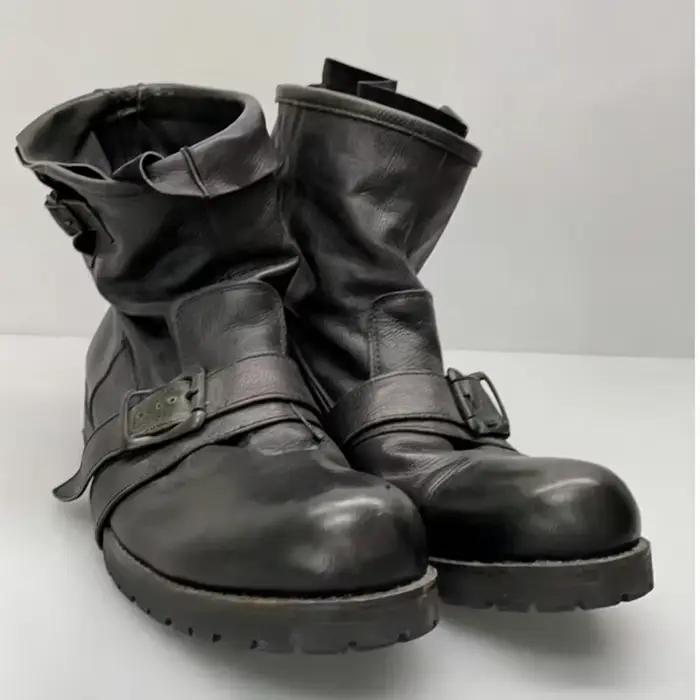 Bottes de combat pour hommes à bout rond en cuir véritable noir avec boucle, sangle réglable, talon bas, chaussures de mode minimalistes pour l'extérieur et la ville