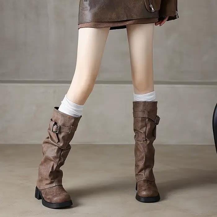 ORCHALISA mode femme genou bottes bout rond talons épais sans lacet grande taille 42 43 britannique Long Bota