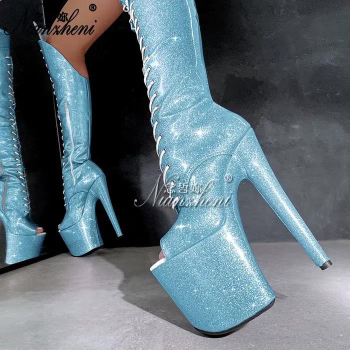 Bottes au-dessus du genou Divafoxi en paillettes violettes pour femmes, talons fins, style sexy, bottes de danse, bottes pour soirées et performances