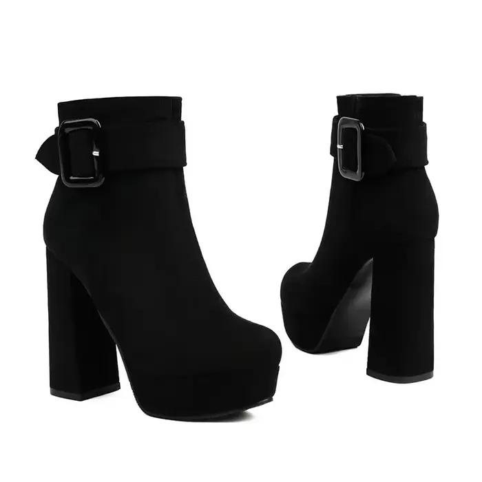 Flock Faux daim rouge noir bout rond femmes chaussures large grande boucle ceinture bloc talons hauts cheville mode hiver avertir plate-forme bottes