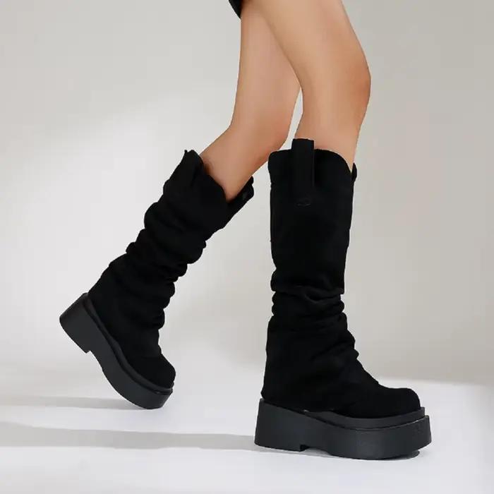 Genou bottes hautes femmes concepteur automne hiver mode plissé bout rond semelle épaisse talons hauts marron longue