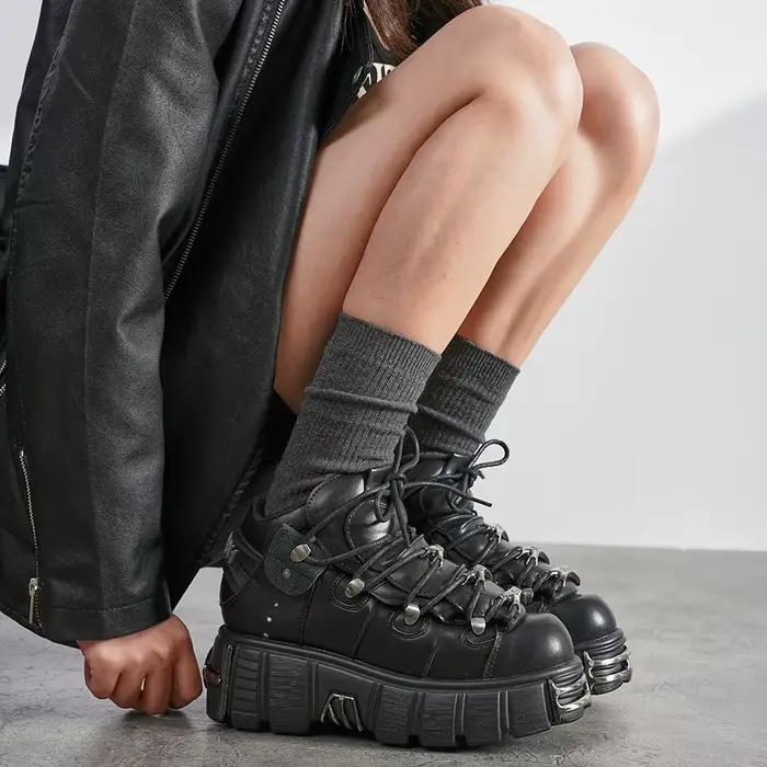 Nouvelles Chaussures Femme Style Punk 2026 – Bottes Rock à Lacets avec Plateforme et Talon de 6 cm
