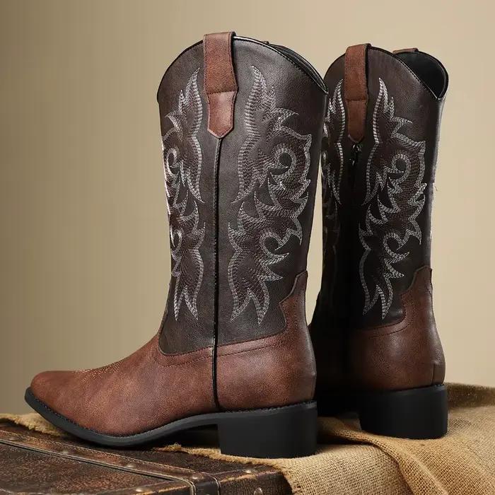 Bottes de Cowboy occidentales pour hommes, bottes pointues mi-mollet, bottes de chevalier rétro brodées pour hommes, bottes de luxe en cuir Botas Hombre