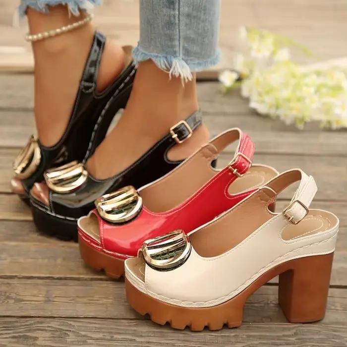 Sandales à talon carré et bout ouvert pour femmes, chaussures d'été à plateforme 2026, à semelle épaisse avec boucle métallique, à enfiler