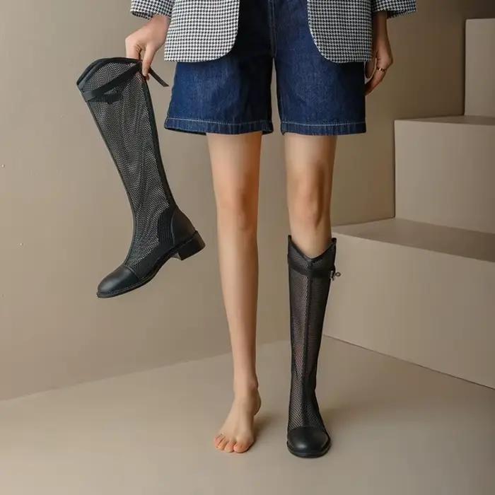 2025New femmes bottes été maille respirant évider botte longue mode genou-bottes