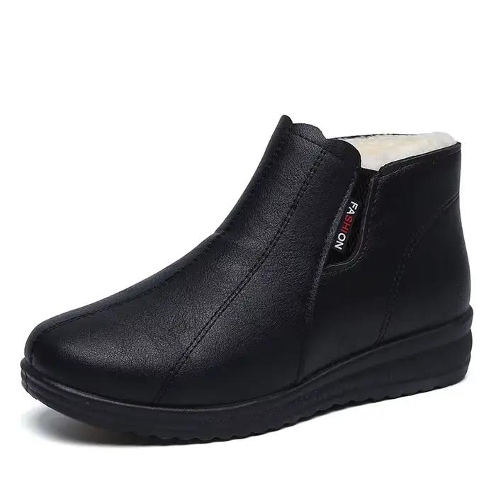 Chaussures en cuir souple pour femmes, botte en peluche, coton spinal, à semelle souple, à laisse moyenne, hiver