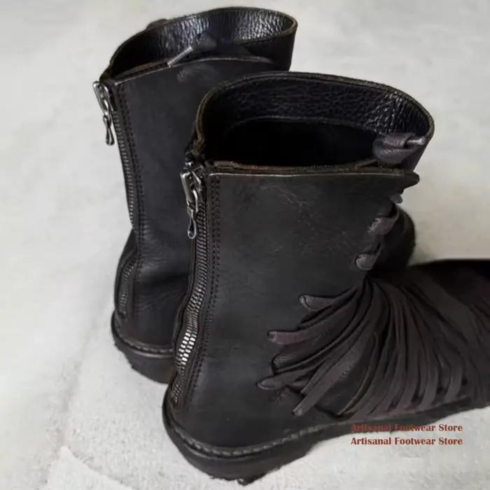 Bottes mi-mollet gothiques en cuir noir à plusieurs sangles ﻿ Bottines décontractées pour hommes à bout rond et semelle