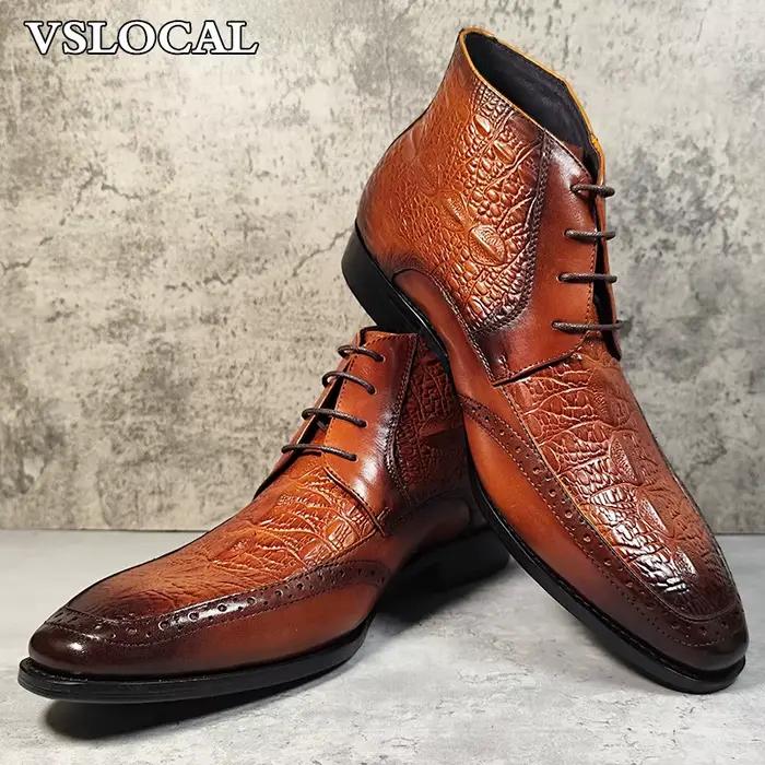 Marque de luxe hommes bottines chaussures noir marron Crocodile imprime à lacets hommes robe bottes en cuir véritable robe bottes hommes