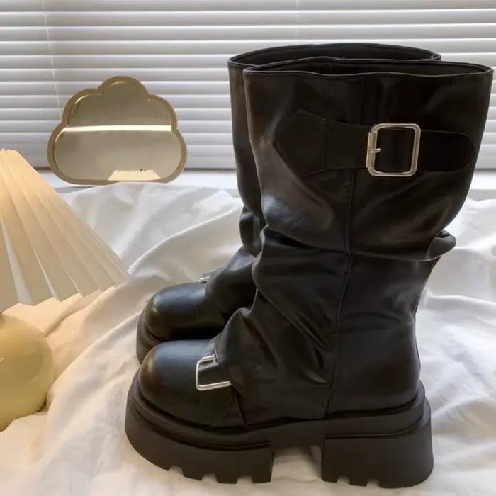 Bottines de motard à plateforme avec boucle de ceinture pour femmes, nouveau Design, bottines hautes aux genoux, gladiateur Harajuku Y2K Punk, bottines mi-tuyaux pour filles
