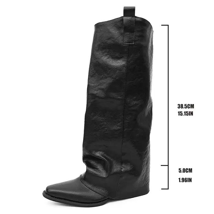 Bottes hautes plissées noires à bout pointu pour femme en cuir PU, talons épais, chaussures tendance hiver