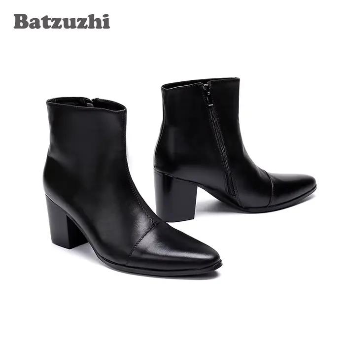 Batzuzhi-Bottes à talons hauts en cuir véritable pour hommes, Bottes de chevalier noires, Bottes de fête et de mariage, Beau, Rincé, Zones, 7cm