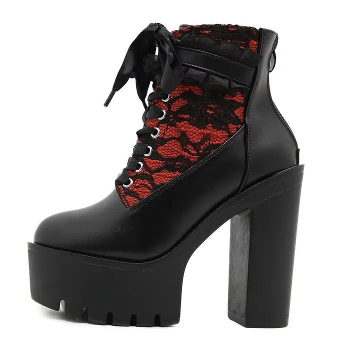 Gdgydh gothique dentelle Patchwork talon haut bottines pour femmes Vintage Style européen fermeture à glissière grosse plate-forme bottes rouge