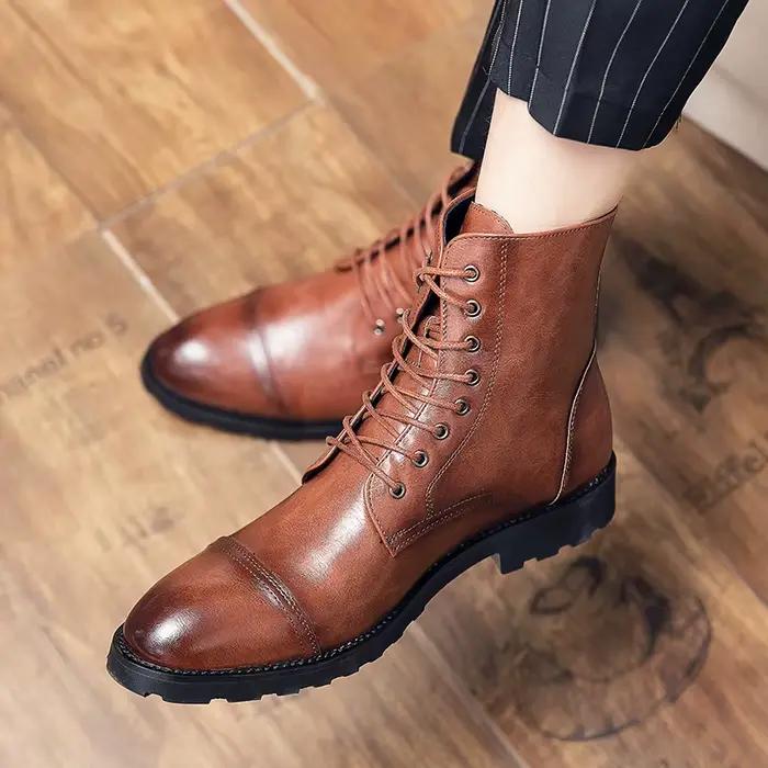 Bottes Chelsea pour hommes, bottines en cuir marron à lacets, chaussures d'hiver chaudes et décontractées, chaussures de combat à semelles épaisses pour hommes, grande taille: 38-48