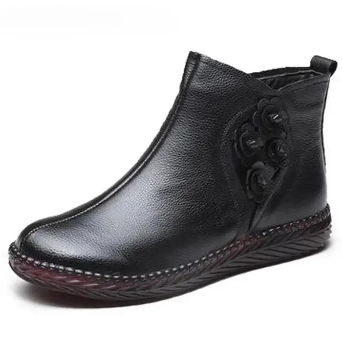 2025 bottes d'hiver en cuir véritable femmes chaud en peluche talon bas mode fleur confortable bottines plates pour les femmes doux