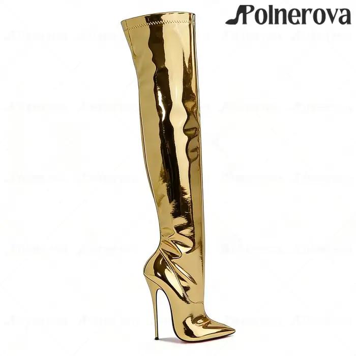 Bottes au-dessus du genou en cuir verni laqué de 16 cm