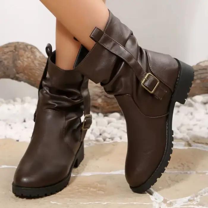Bottes de moto de Style rétro pour femmes, grand mollet, mode hiver automne, bottes courtes ajustées décontractées, bout rond, talon moyen