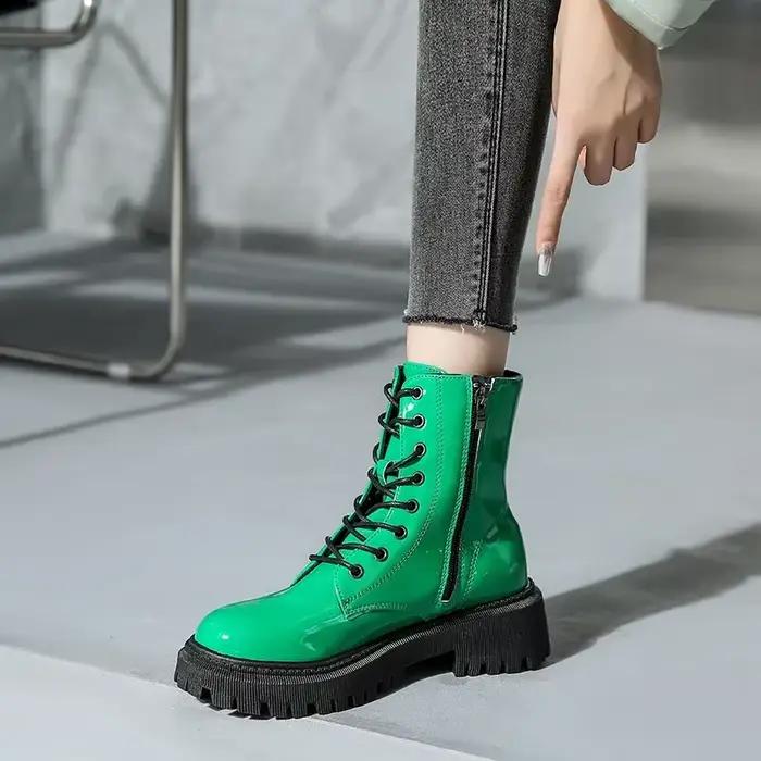 Bottines roses à lacets pour femme, bottines de moto à plateforme en cuir verni, talons épais, fermeture éclair, courtes occasions spéciales