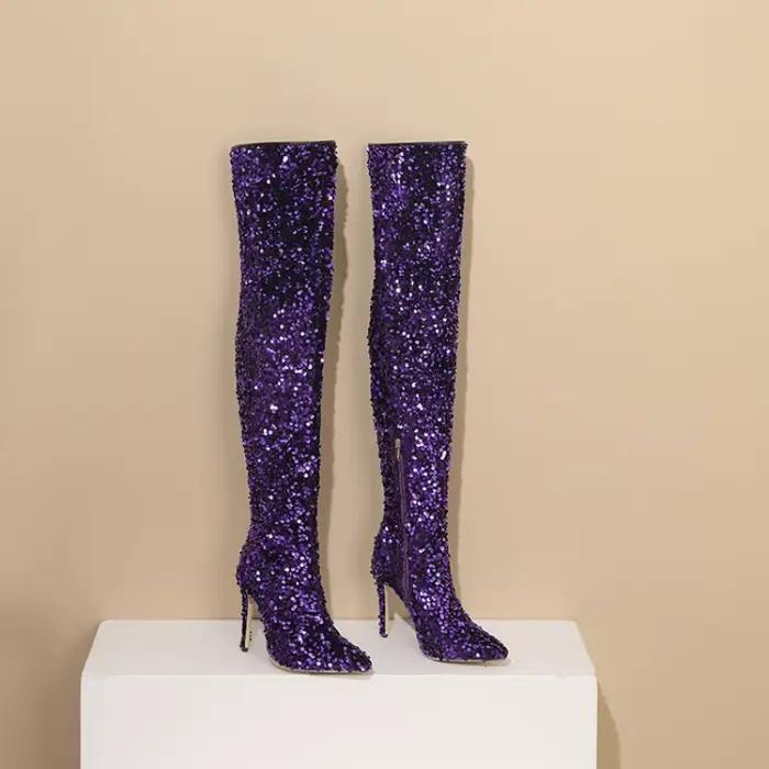 Bottes paillettées dorées et bleues sexy à talons hauts pour femmes, bottes de soirée brillantes au-dessus du genou