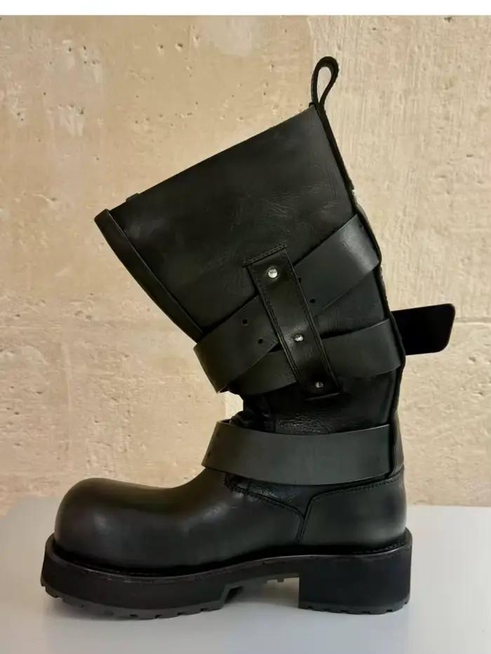 Bottes de moto en cuir noir avec boucle de ceinture, style Paris, bottes longues à bout relevé, bottes rétro vintage hautes jusqu'au genou pour hommes et femmes