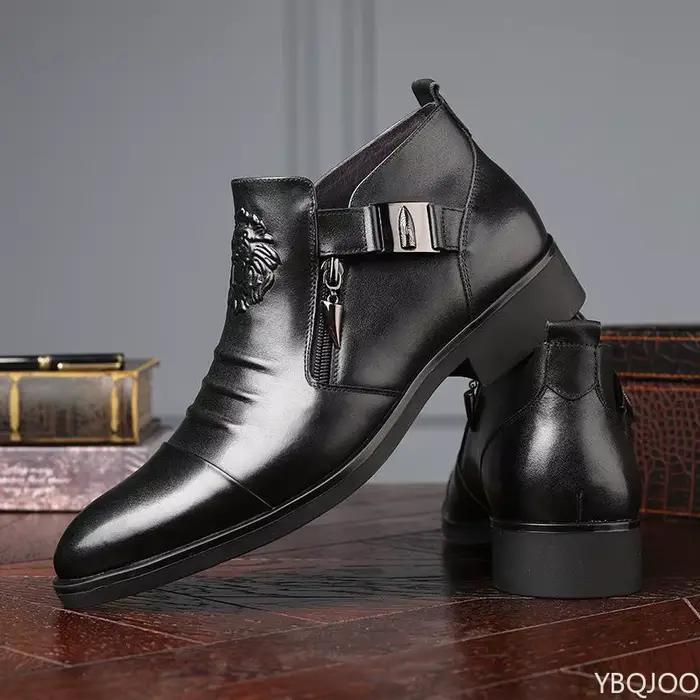 Hiver hommes bottes élégantes cheville chaussures en cuir antidérapantes britannique Zip noir chevalier