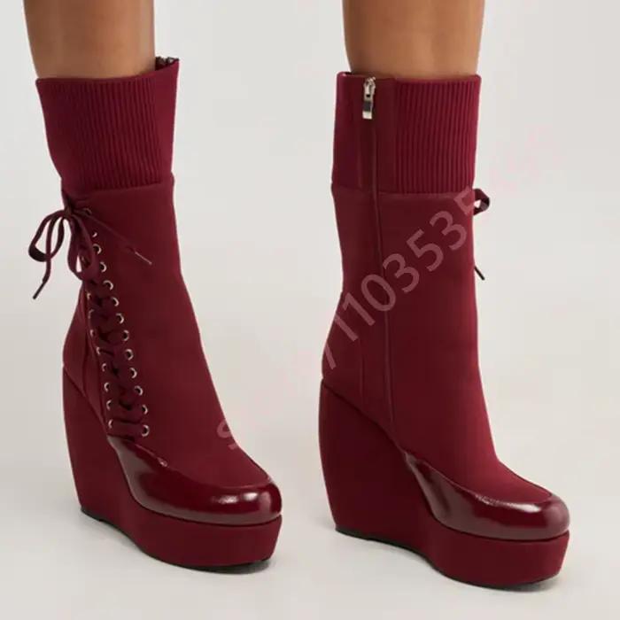 Nouvelles Bottines Compensées à Plateforme en Tricot Bordeaux 2026 pour Femme