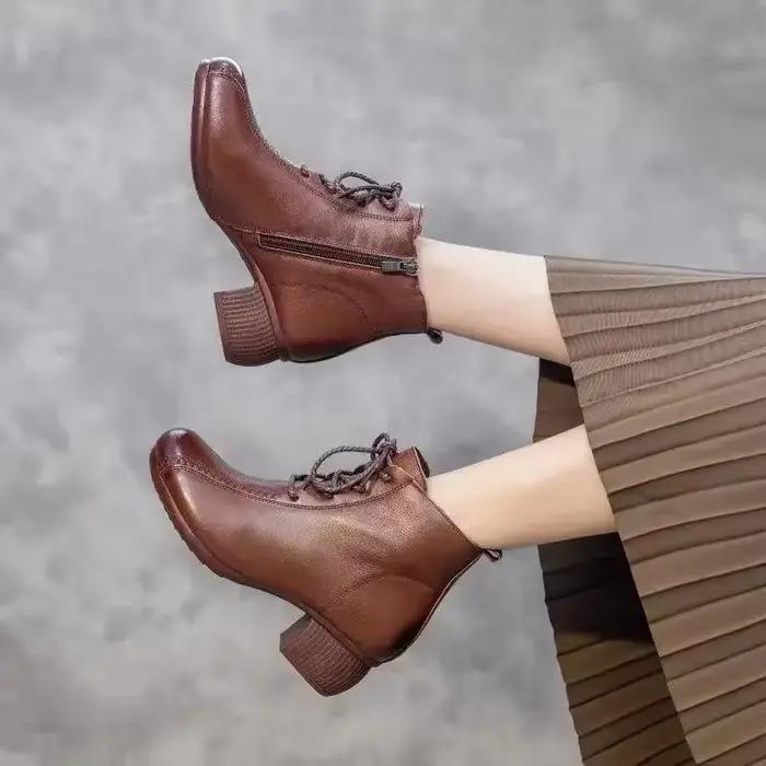 Bottines Courtes Rétro en Caoutchouc pour Femmes, Doublées en Polaire, Talon Carré, À Lacets Croisés, Style Vintage, Occasions Spéciales