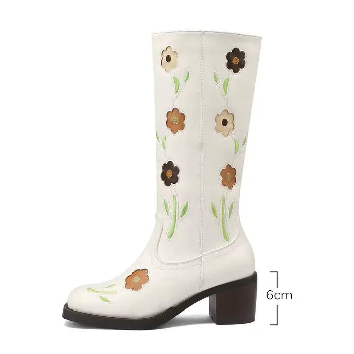 2025 automne hiver femmes mi-mollet bottes en cuir PU bout rond talon carré sans lacet mode fleurs dames mollet bottes noir blanc