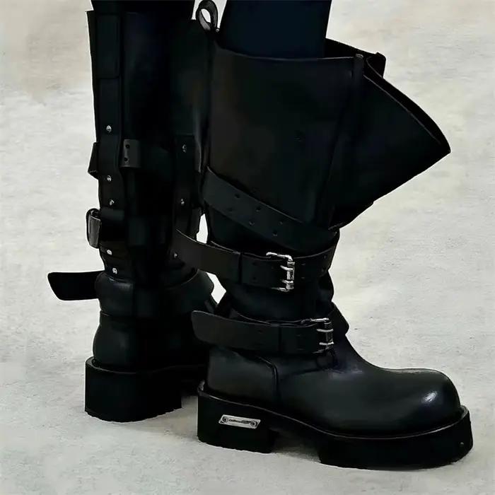Bottes rétro noires à boucles pour femmes style punk mi-mollet printemps automne ocassions spéciales ```