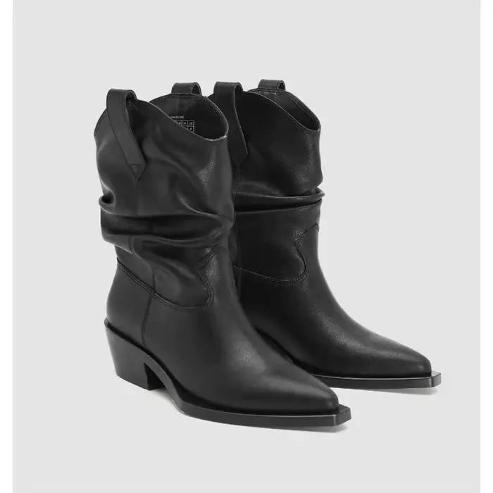 Bottes de cowboy à talons épais en cuir PU pour femmes, bottines western plissées mi-mollet, tube adt, automne, hiver, nouveau