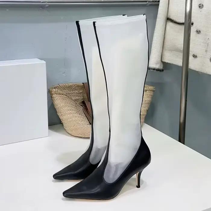 Femmes talons hauts fins genou bottes bout pointu en cuir véritable gaze Patchwork bottes longues piste printemps automne bottes modernes
