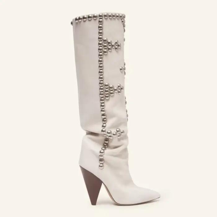 RiSALE-Cuissardes à talons hauts pour femmes, bottes longues cloutées, patchwork de cuir floqué, parka pointue, bottes de piste, noir, beige