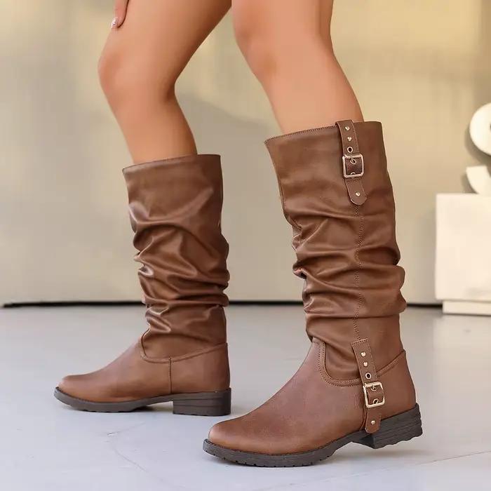 Bottes mi-mollet vintage pour femme, noires, bout rond, talon bas, tige plissée, semelle plate antidérapante, style décontracté automne-hiver, bottes de motard western, tendance