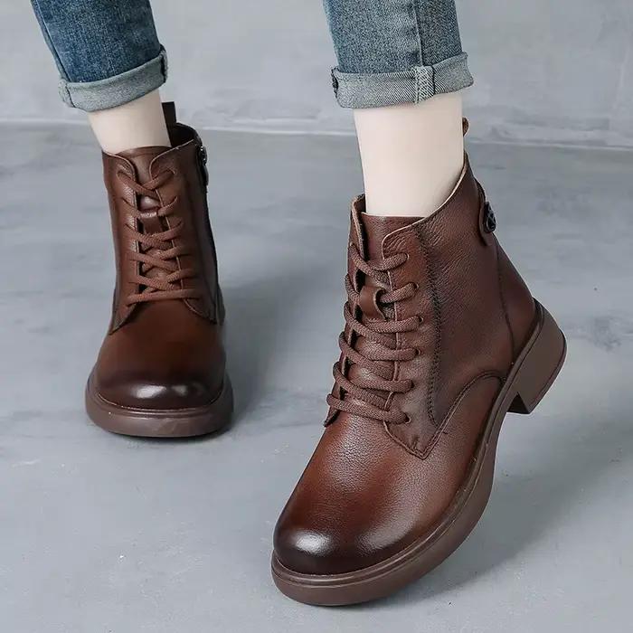 DRKANOL 2026 Style britannique en cuir véritable bottines pour femmes hiver à la main rétro en peluche chaud talon épais décontracté bottes courtes