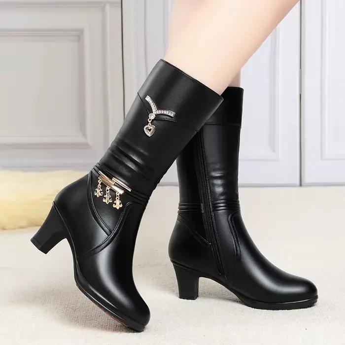 Femmes confortable polaire bottes moyennes automne hiver nouveau Style talon épais côté fermeture éclair pointu mode talons hauts bottes