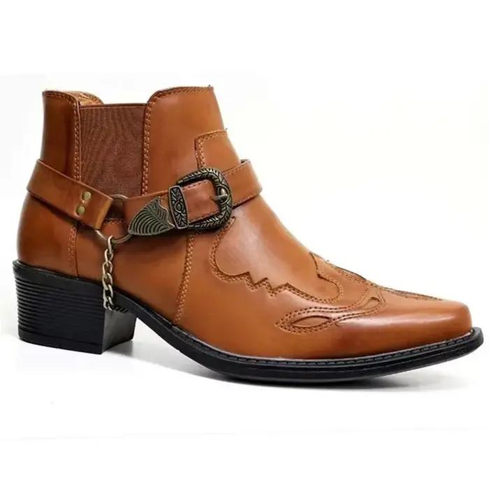 Mode 2025 hommes Vintage Cowboy bottes en cuir haut chaîne boucle sangle Punk chaussures bout pointu Biker