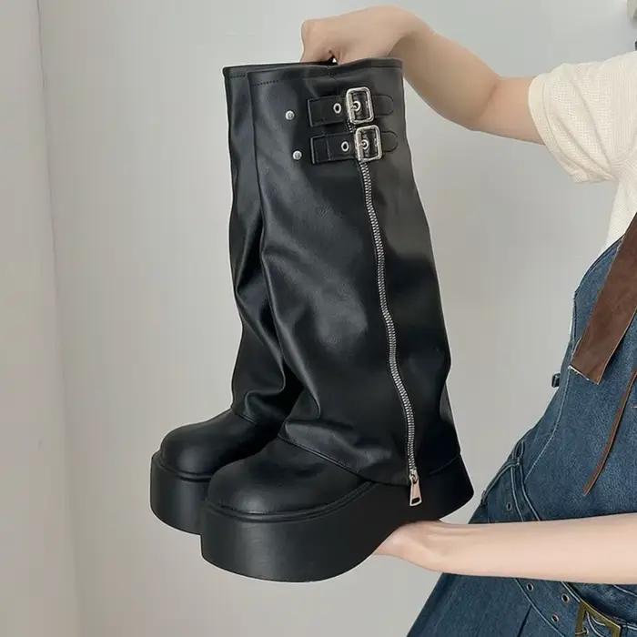 Bottes noires à plateforme pour femmes, à mi-mollet, avec boucle décorative, style décontracté, confortables pour un look urbain et occasions spéciales