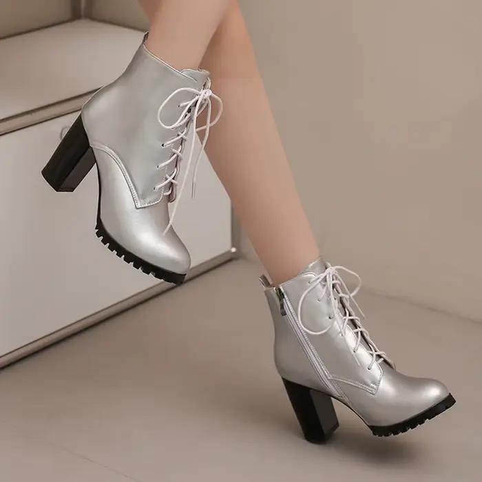 Bottines de styliste élégantes à lacets pour femmes, bout rond, talon carré, semelles épaisses, talons hauts, vêtements de travail, taille 50, printemps et automne, T3-12