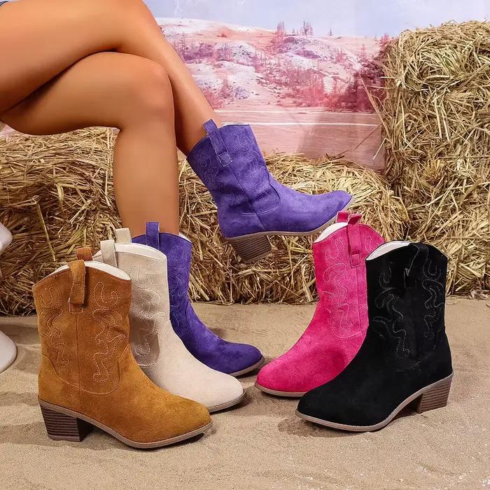 Rose Rose suédette broderie botte occidentale femme bout pointu talon épais chaussons courts Cowgirl dame automne Slip-on mi-mollet Botas